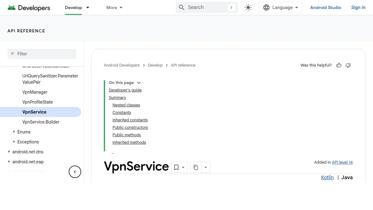 Android: настройка VLESS без лишних ошибок: изображение из источника Android VpnService API reference