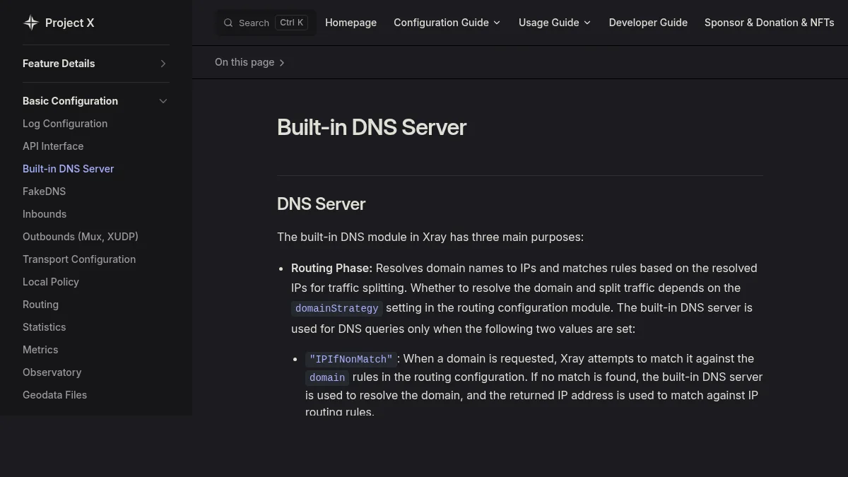 DNS и маршрутизация в VPN-клиентах: изображение из источника Xray-core docs: Built-in DNS Server