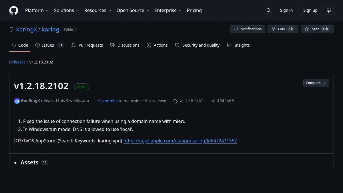 Karing: что это за клиент и как добавить подписку: изображение из источника Karing Release v1.2.18.2102