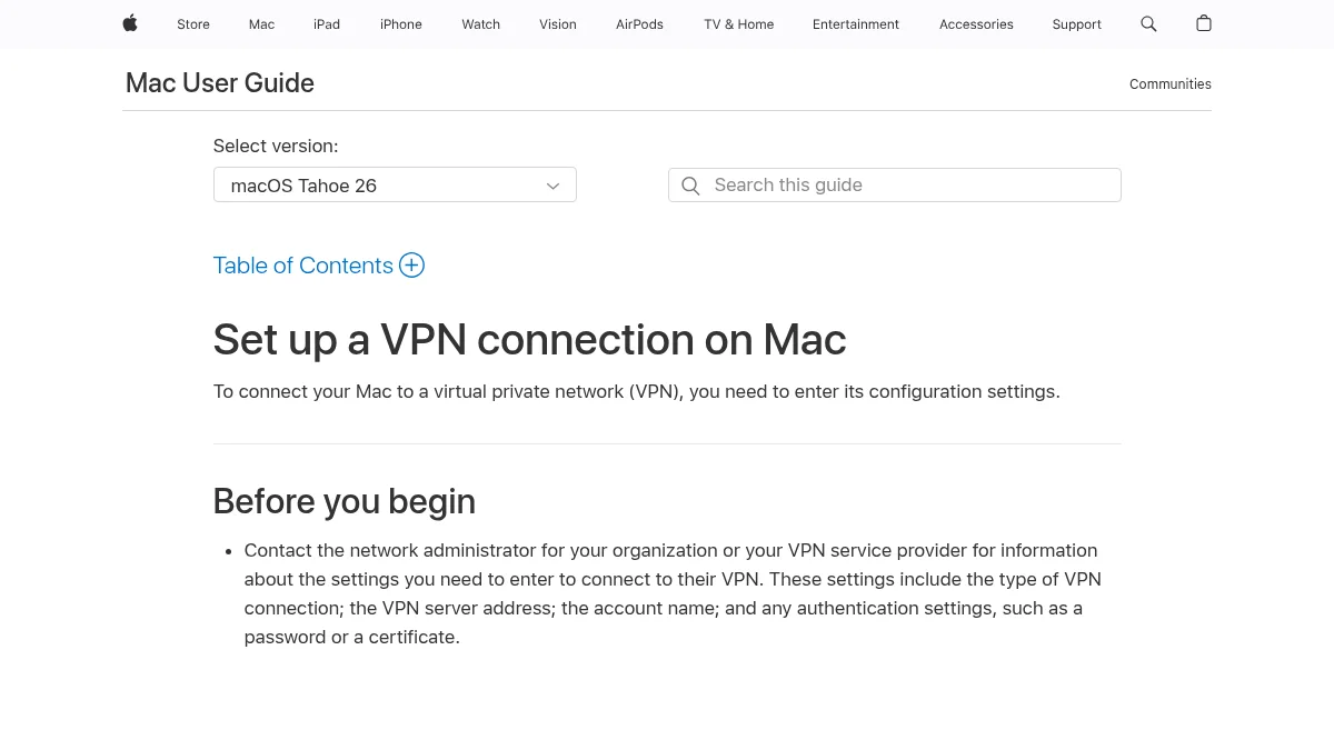 macOS: как настроить VLESS на Mac: изображение из источника Apple Support: Set up a VPN connection on Mac