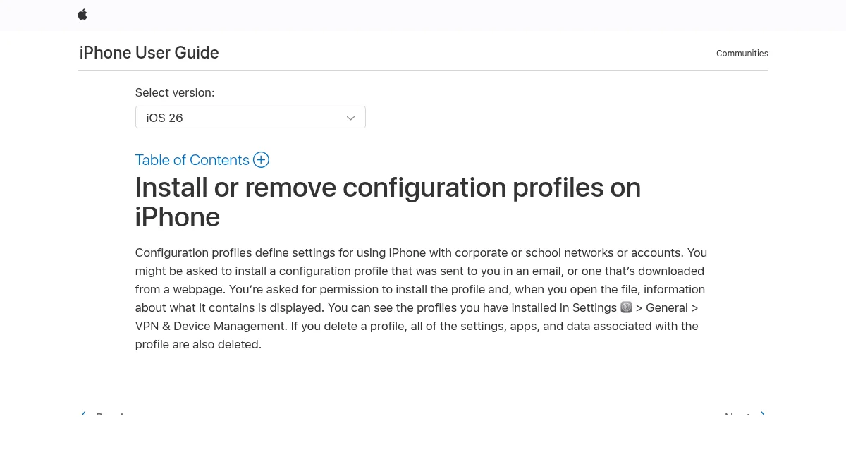 V2Box для iOS и macOS: установка, подписка и первые настройки: изображение из источника Apple Support: Install or remove configuration profiles on iPhone