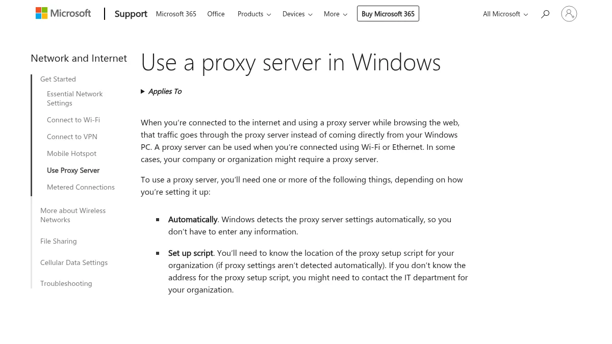 Windows: настройка VLESS без путаницы в proxy, TUN и DNS: изображение из источника Microsoft Support: Use a proxy server in Windows