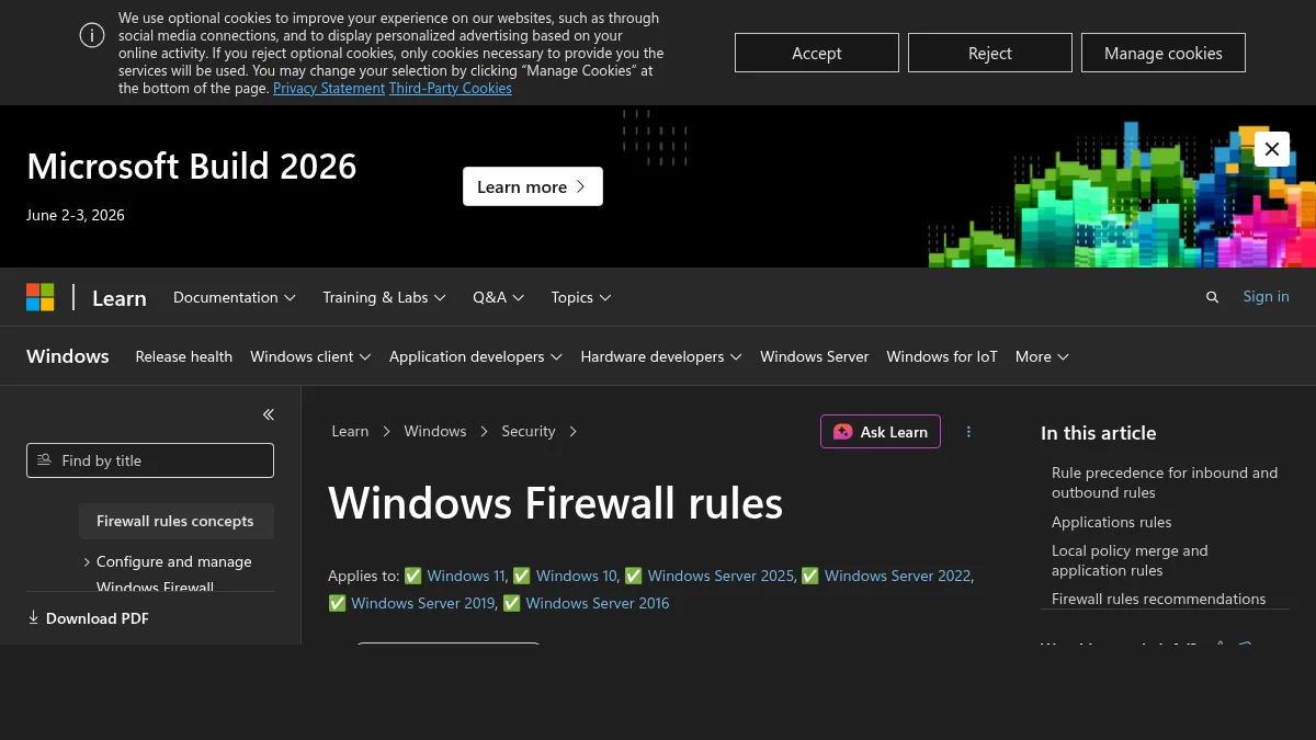 Windows: настройка VLESS без путаницы в proxy, TUN и DNS: изображение из источника Microsoft Learn: Windows Firewall rules